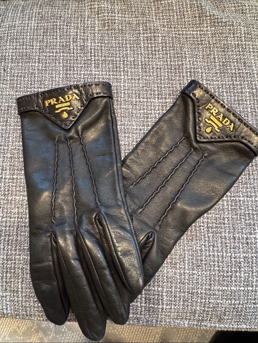 Prada Black Leather Gloves with Gold Logo Trim